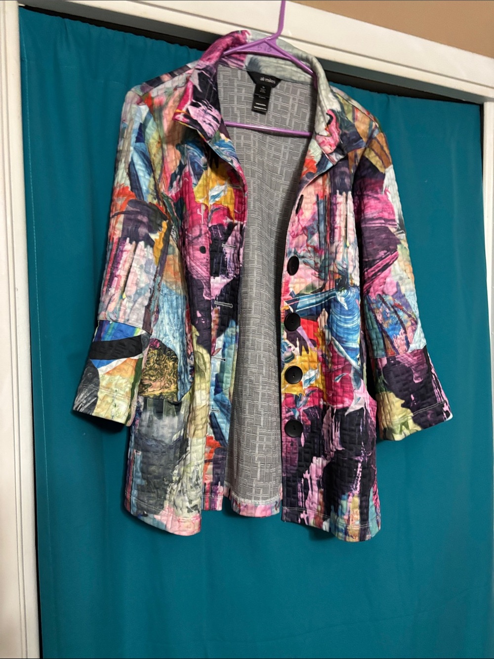 Ali Miles Multicolor Abstract Print Blazer Jacket - Pink, Purple, Blue
